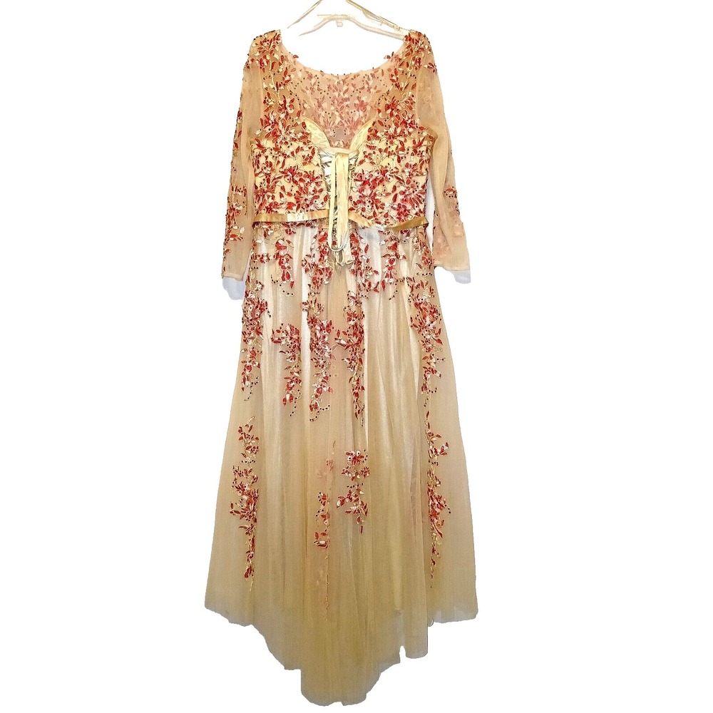 SPECIAL OCCASION Embroidered Red Rhinestone Women Long Dress Gown 18 Sheer Nude - Picture 7 of 14
